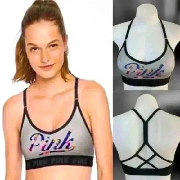 Victoria’s Secret Pink Strappy Sports Bra Lightly Padded Gray Floral Logo - Picture 1 of 7